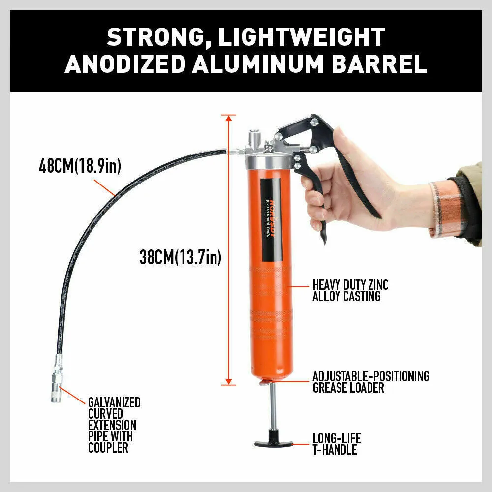 18'' Manual Pistol Grip Grease Gun Flow Pressure 4500PSI Flexi Hose & Coupler