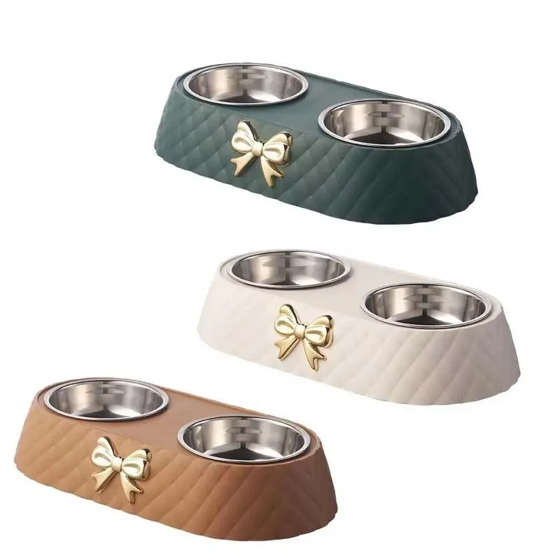 Bow Tie Double Pet Bowl | Stainless Steel & PP Base for Cats & Dogs