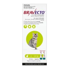 Bravecto Flea & Tick Treatment for Cats 1.2-2.8kg Green Spot On 2 Pack