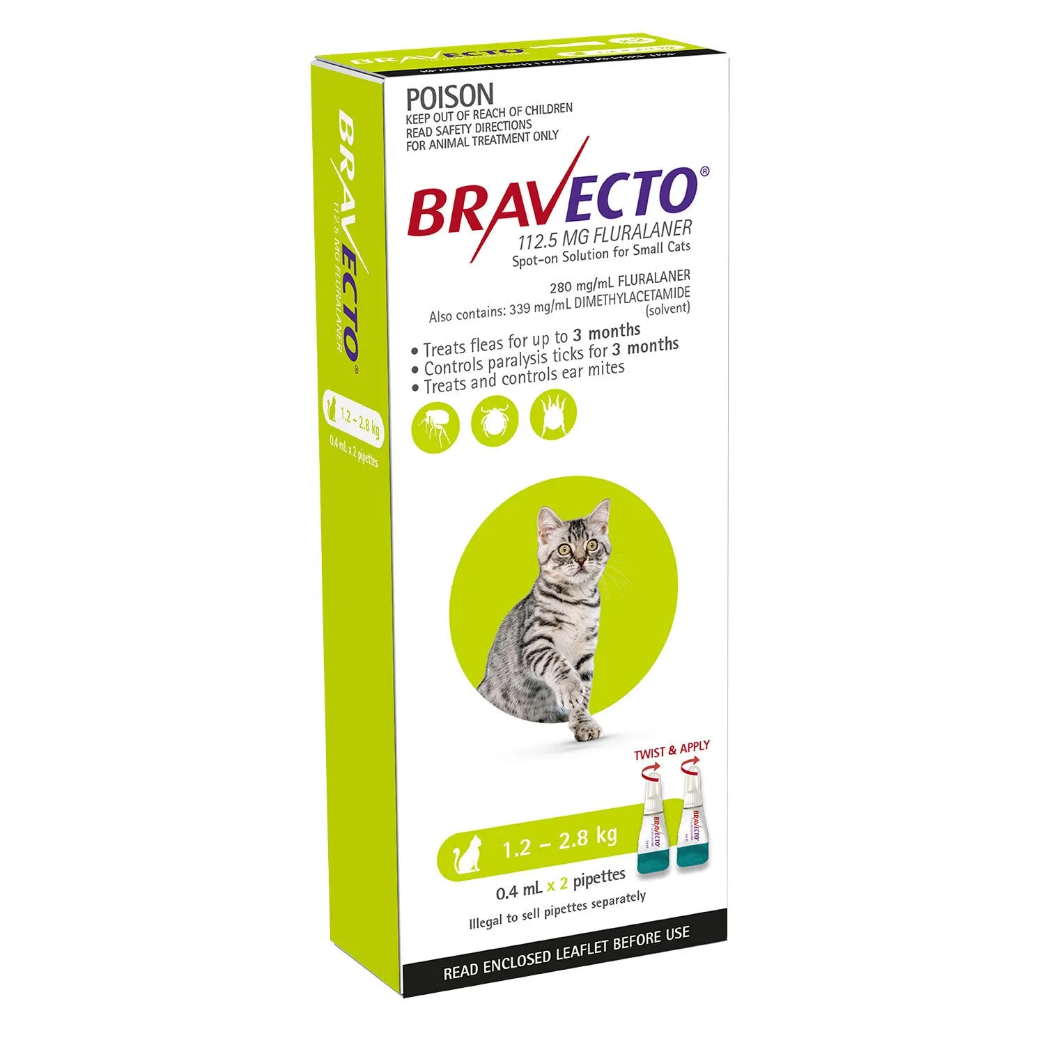 Bravecto Flea & Tick Treatment for Cats 1.2-2.8kg Green Spot On 2 Pack