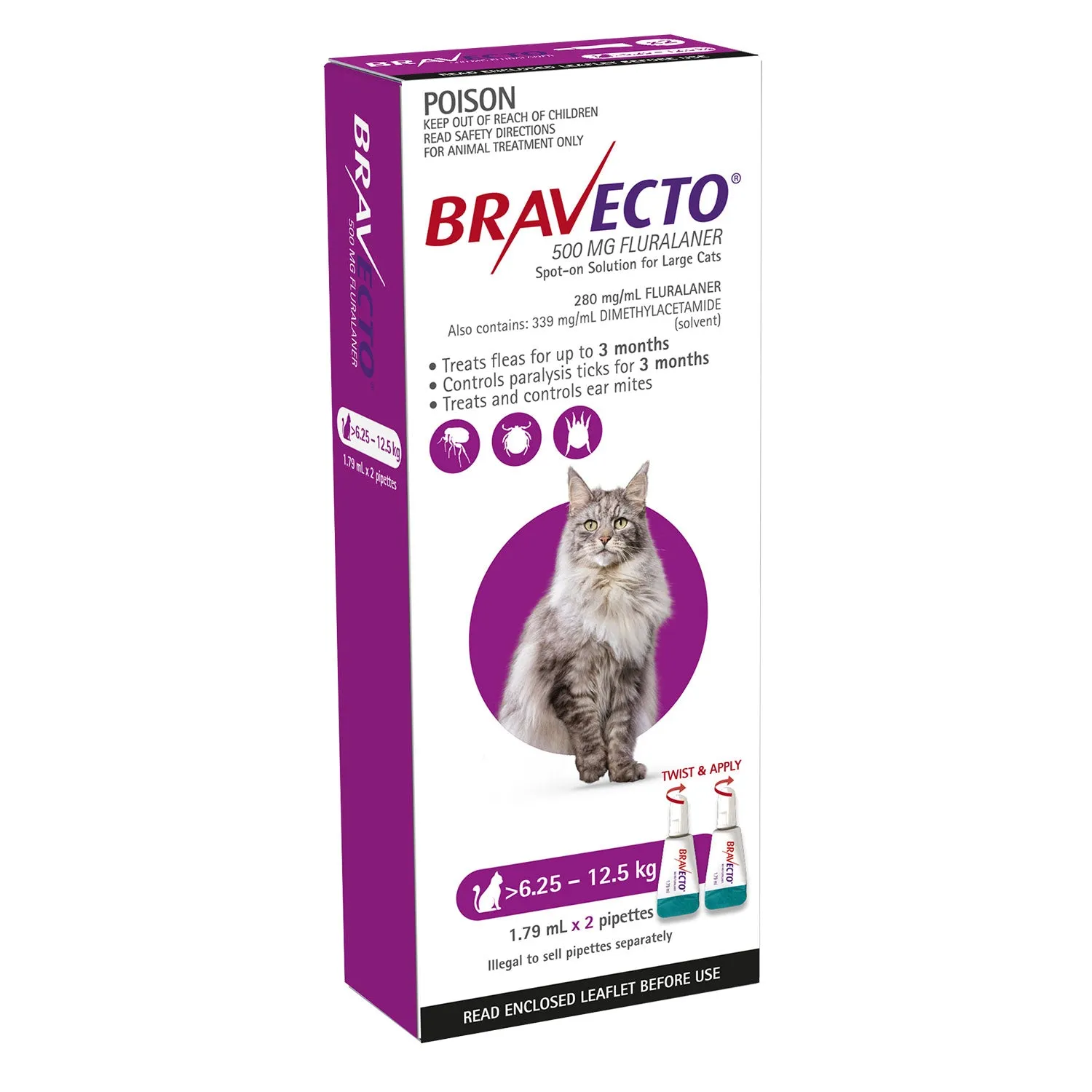 Bravecto Flea & Tick Treatment for Cats 6.25-12.5kg Purple Spot On 2 Pack