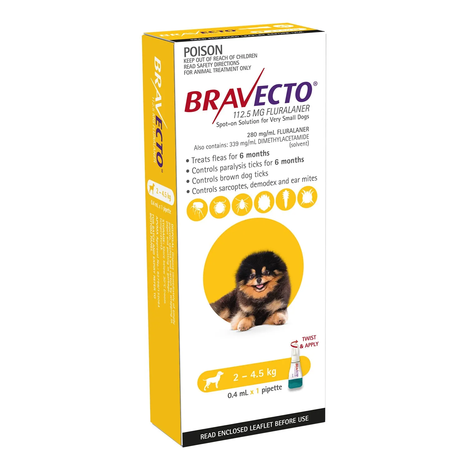 Bravecto Flea & Tick Treatment for Dogs 2-4.5kg Yellow Spot On 1 Pack