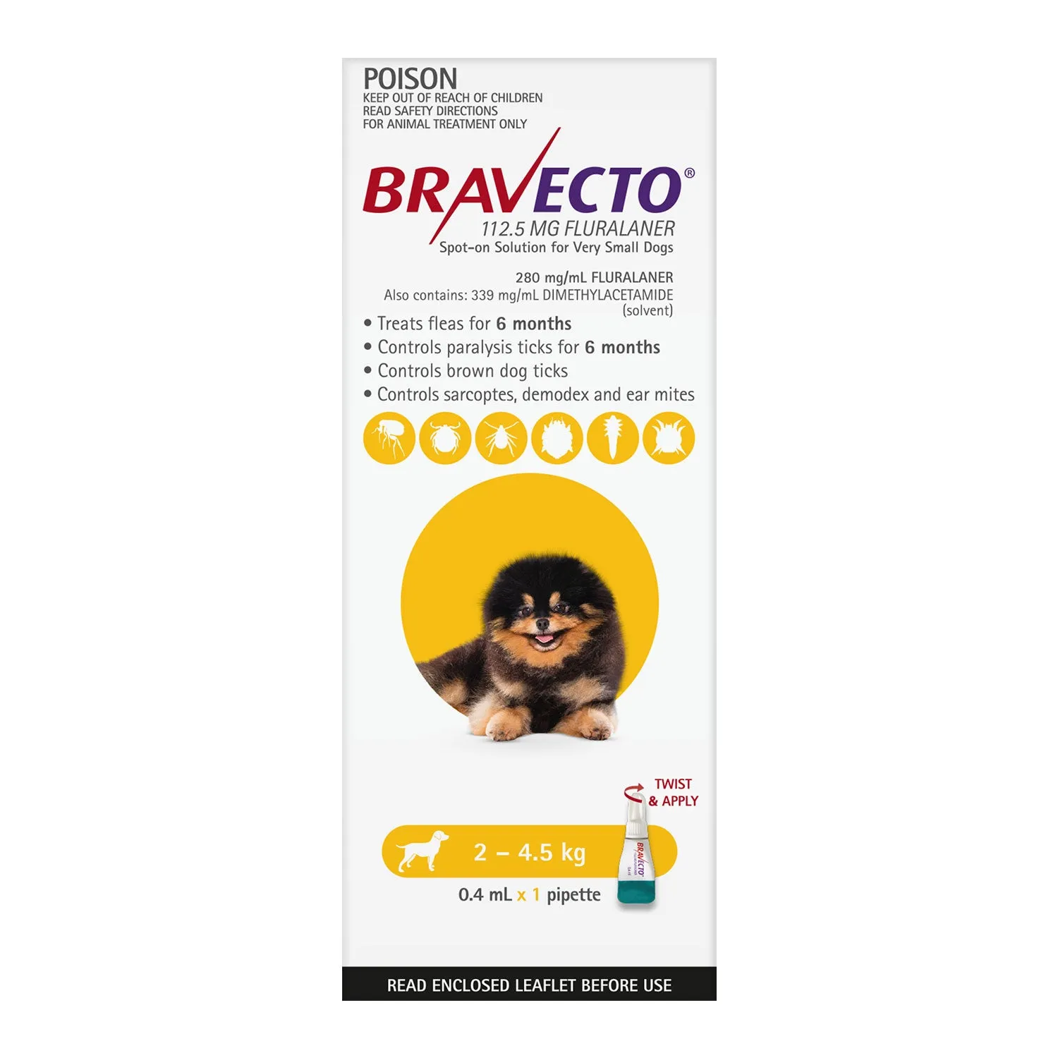 Bravecto Flea & Tick Treatment for Dogs 2-4.5kg Yellow Spot On 1 Pack