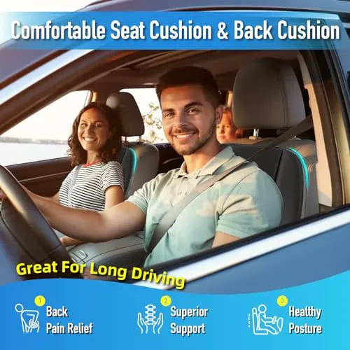 Car Seat Cushion with Lumbar Support Pillow: Front Back Cushion & Seat Cushion Set, Comfy Memory Foam Driving Cushion for Back-Sciatica Pain Relief, Seat Pad Suitable for Car, Truck, SUV - Black