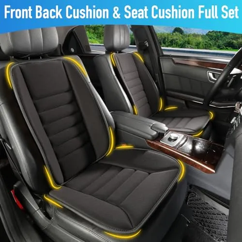 Car Seat Cushion with Lumbar Support Pillow: Front Back Cushion & Seat Cushion Set, Comfy Memory Foam Driving Cushion for Back-Sciatica Pain Relief, Seat Pad Suitable for Car, Truck, SUV - Black