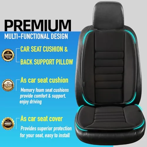 Car Seat Cushion with Lumbar Support Pillow: Front Back Cushion & Seat Cushion Set, Comfy Memory Foam Driving Cushion for Back-Sciatica Pain Relief, Seat Pad Suitable for Car, Truck, SUV - Black