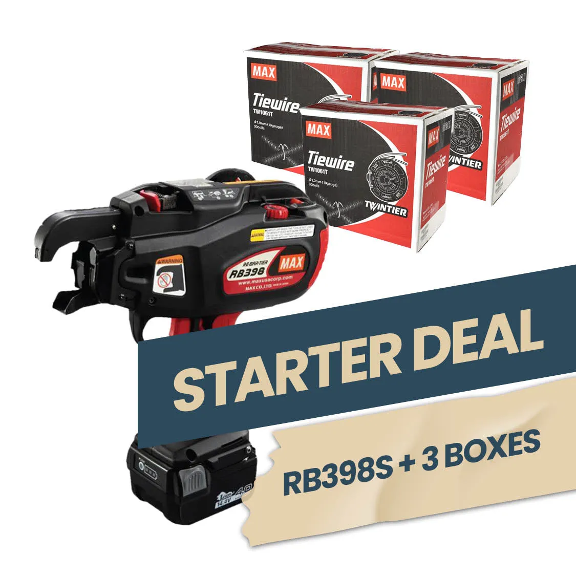 MAX Starter Deal (RB398S Rebar Tying Tool   3 Boxes of Tie Wire)