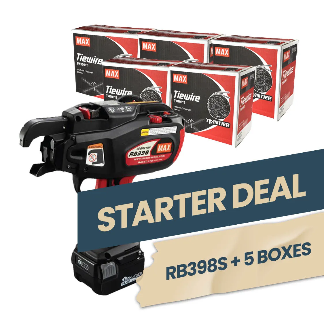 MAX Starter Deal (RB398S Rebar Tying Tool   5 Boxes of Tie Wire)