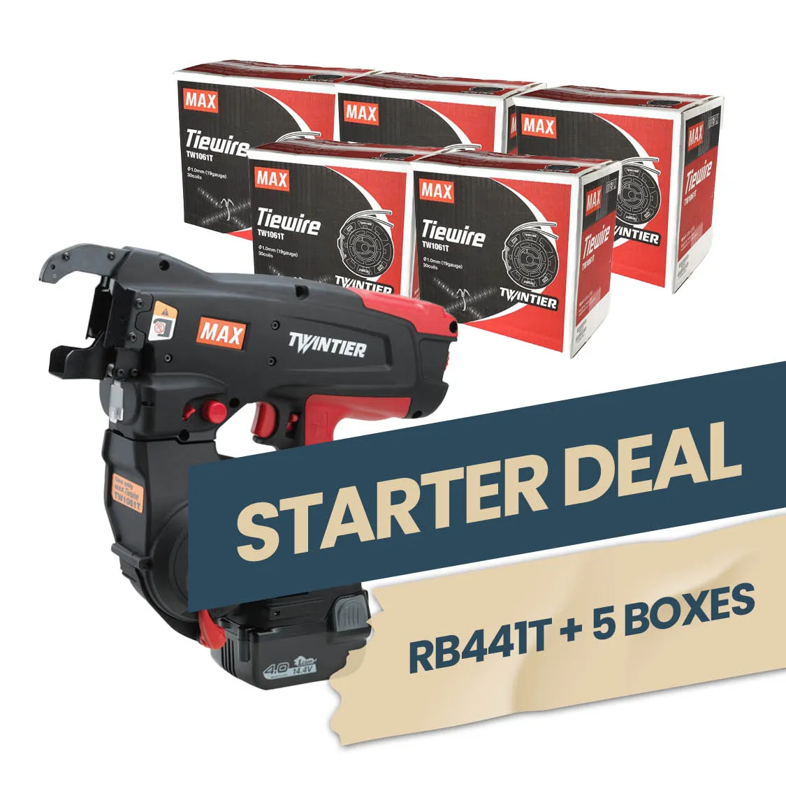 MAX Starter Deal (RB441T Rebar Tying Tool   5 Boxes of Tie Wire)