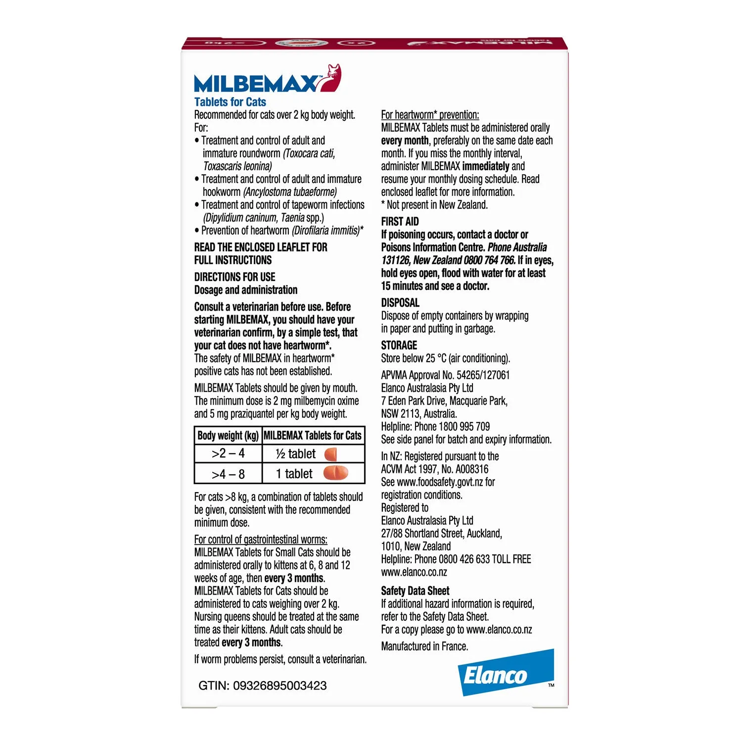 Milbemax All Wormer Tablet for Cats 2-8kg 2 Pack