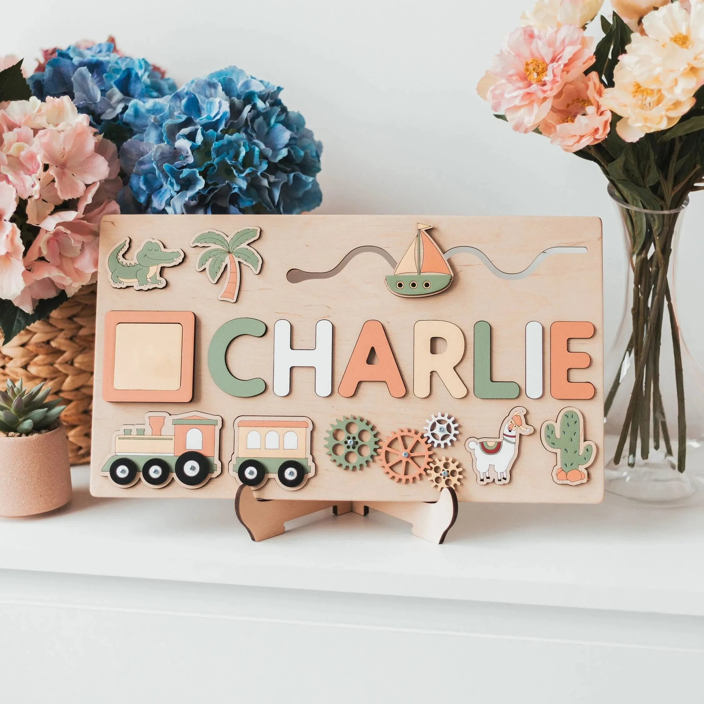 Pastel Personalized Custom First Name Wooden Puzzle , Educational Toys For Toddlers