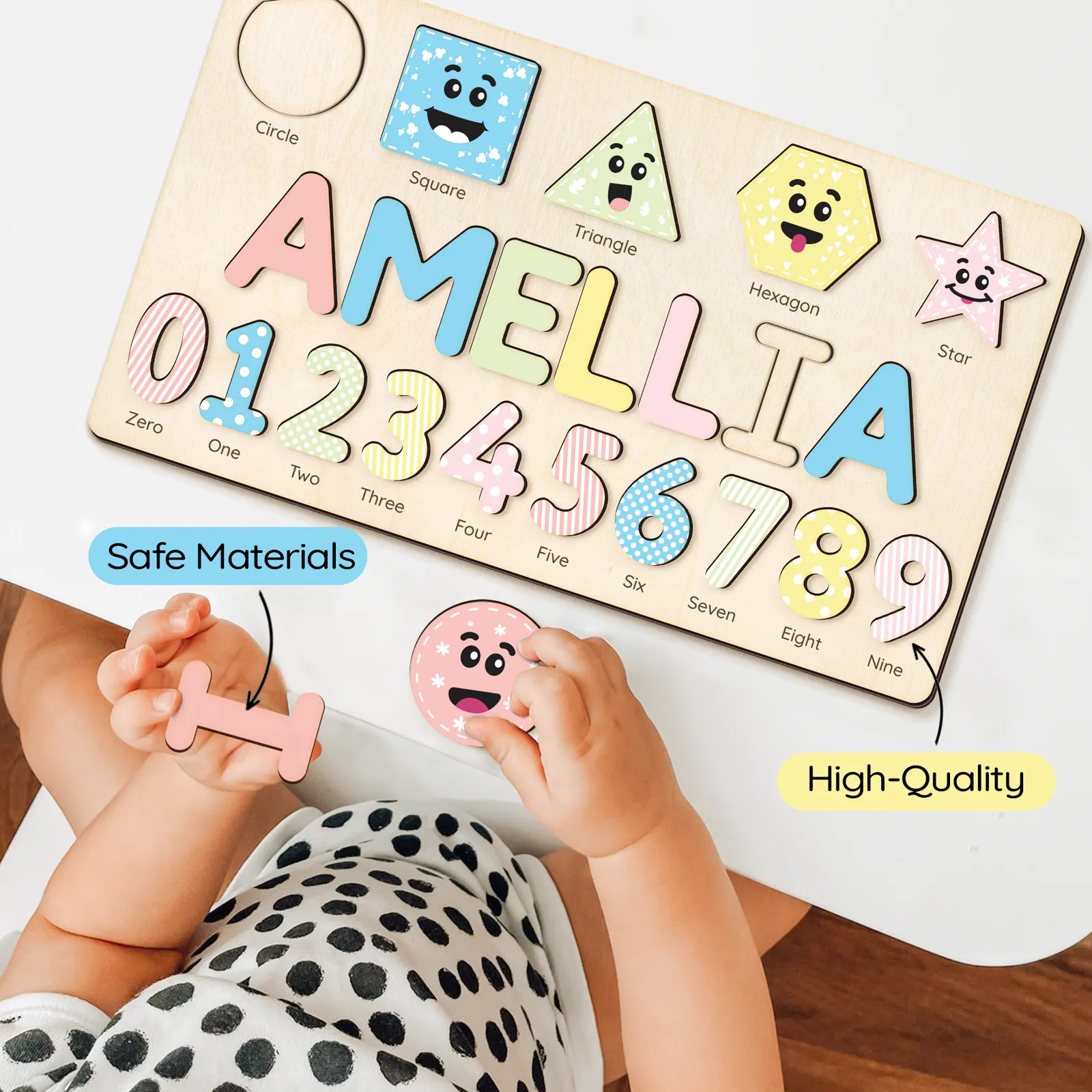 Personalized Wooden Shaped & Numbers Name Puzzle, Gifts For 1 2 3 Year Old, Wooden Name Puzzle For Kids, Montessori Toys | Kindly Toys NP20