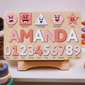 Personalized Wooden Shaped & Numbers Name Puzzle, Gifts For 1 2 3 Year Old, Wooden Name Puzzle For Kids, Montessori Toys | Kindly Toys NP20